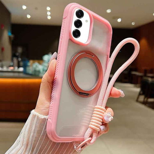 For Samsung Galaxy S25 / S24 5G Solid Color Edge Transparency Rotation Holder MagSafe Phone Case with Wrist Strap(Pink)