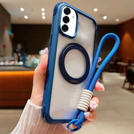 For Samsung Galaxy S25 / S24 5G Solid Color Edge Transparency Rotation Holder MagSafe Phone Case with Wrist Strap(Royal Blue)