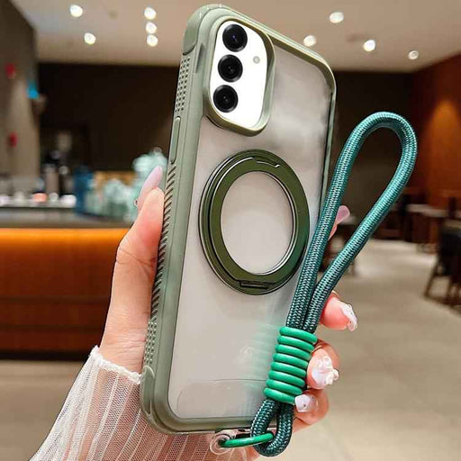 For Samsung Galaxy S25 / S24 5G Solid Color Edge Transparency Rotation Holder MagSafe Phone Case with Wrist Strap(Army Green)