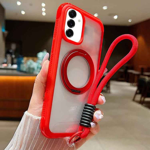 For Samsung Galaxy S25 / S24 5G Solid Color Edge Transparency Rotation Holder MagSafe Phone Case with Wrist Strap(Red)