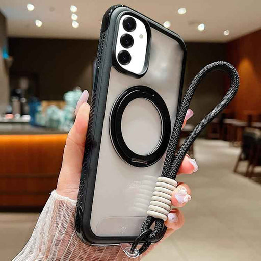 For Samsung Galaxy S25 / S24 5G Solid Color Edge Transparency Rotation Holder MagSafe Phone Case with Wrist Strap(Black)