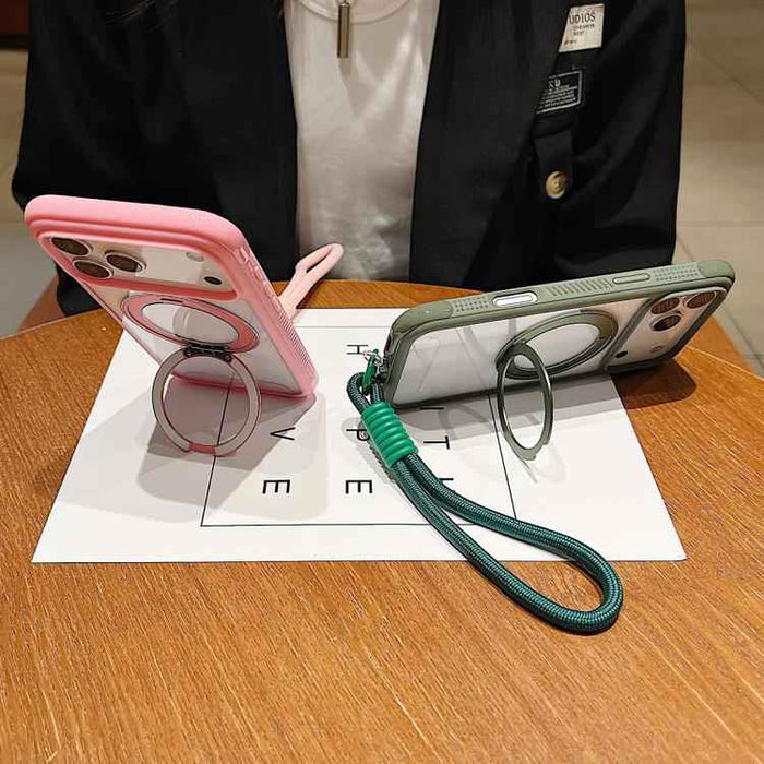 For Samsung Galaxy S25 / S24 5G Solid Color Edge Transparency Rotation Holder MagSafe Phone Case with Wrist Strap(Royal Blue)