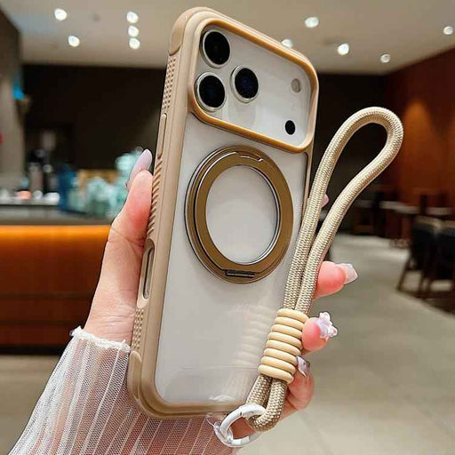 For iPhone 17 Pro Max Solid Color Edge Transparency Rotation Holder MagSafe Phone Case with Wrist Strap(Brown)