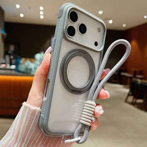 For iPhone 17 Pro Max Solid Color Edge Transparency Rotation Holder MagSafe Phone Case with Wrist Strap(Grey)