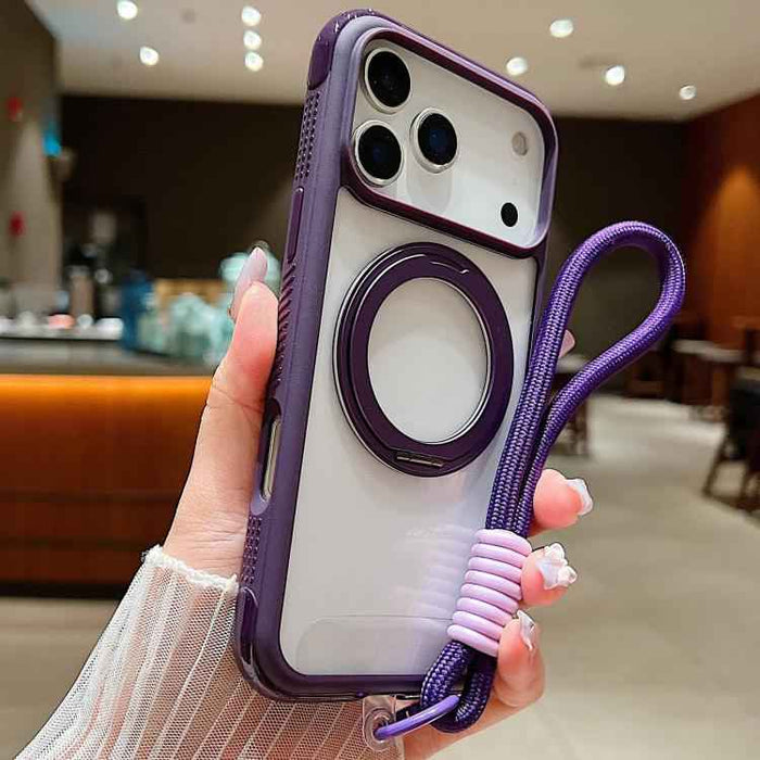 For iPhone 17 Pro Max Solid Color Edge Transparency Rotation Holder MagSafe Phone Case with Wrist Strap(Dark Purple)