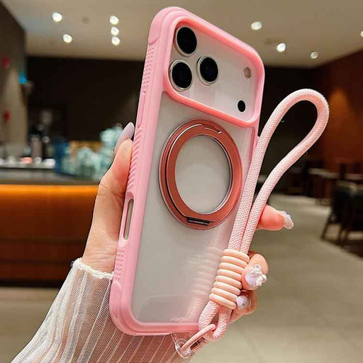 For iPhone 17 Pro Max Solid Color Edge Transparency Rotation Holder MagSafe Phone Case with Wrist Strap(Pink)