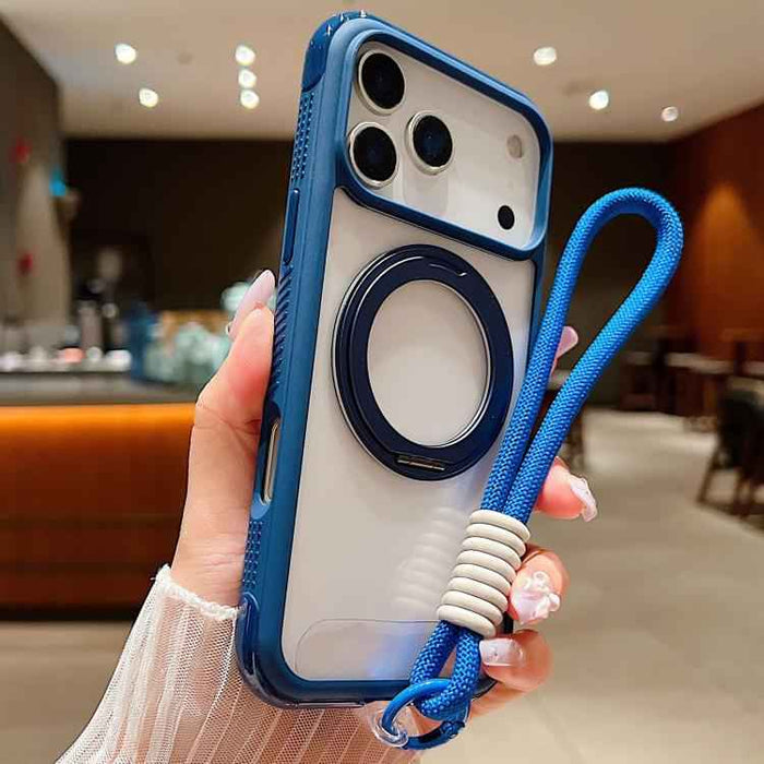 For iPhone 17 Pro Max Solid Color Edge Transparency Rotation Holder MagSafe Phone Case with Wrist Strap(Royal Blue)