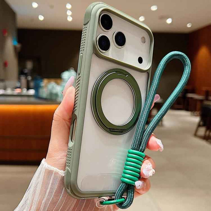 For iPhone 17 Pro Max Solid Color Edge Transparency Rotation Holder MagSafe Phone Case with Wrist Strap(Army Green)