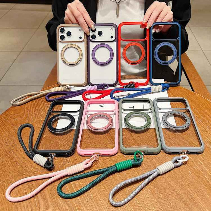 For iPhone 17 Pro Max Solid Color Edge Transparency Rotation Holder MagSafe Phone Case with Wrist Strap(Royal Blue)