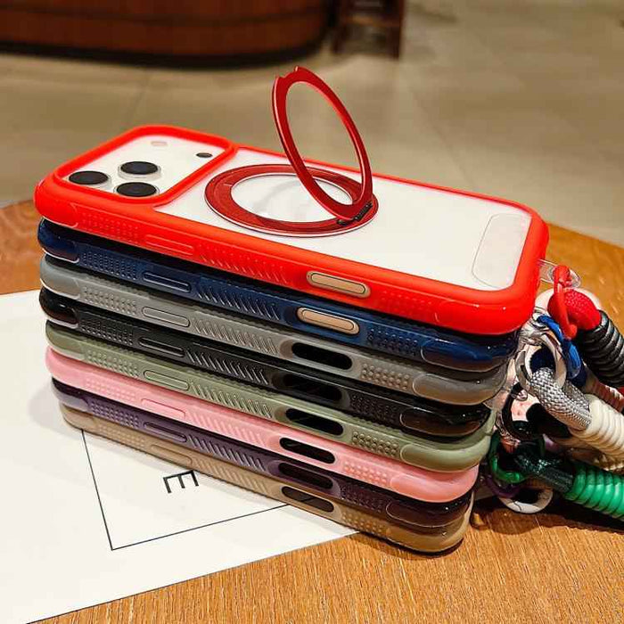 For iPhone 17 Pro Max Solid Color Edge Transparency Rotation Holder MagSafe Phone Case with Wrist Strap(Dark Purple)