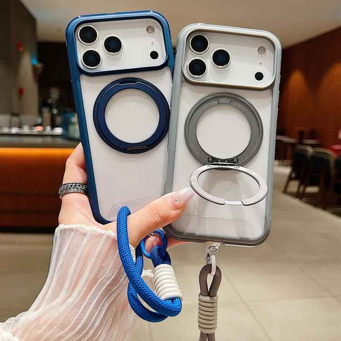 For iPhone 17 Pro Max Solid Color Edge Transparency Rotation Holder MagSafe Phone Case with Wrist Strap(Dark Purple)