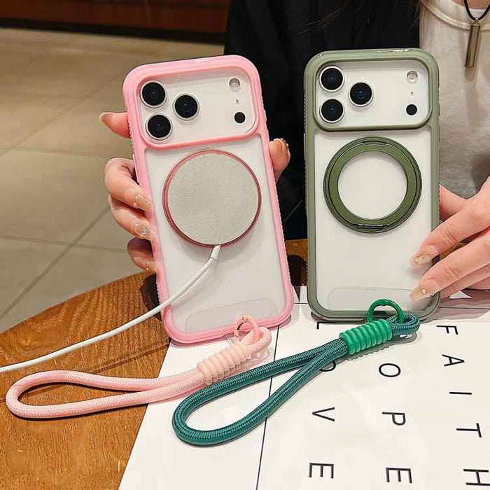 For iPhone 17 Pro Max Solid Color Edge Transparency Rotation Holder MagSafe Phone Case with Wrist Strap(Dark Purple)