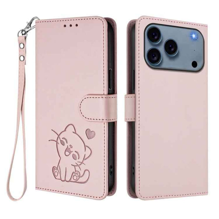 For iPhone 17 Pro Max Embossed Heart Cat Leather Phone Case with Hand Strap(Pink)