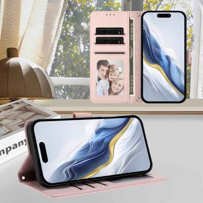 For iPhone 17 Pro Max Embossed Heart Cat Leather Phone Case with Hand Strap(Pink)