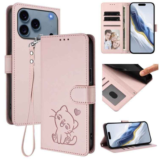 For iPhone 17 Pro Max Embossed Heart Cat Leather Phone Case with Hand Strap(Pink)