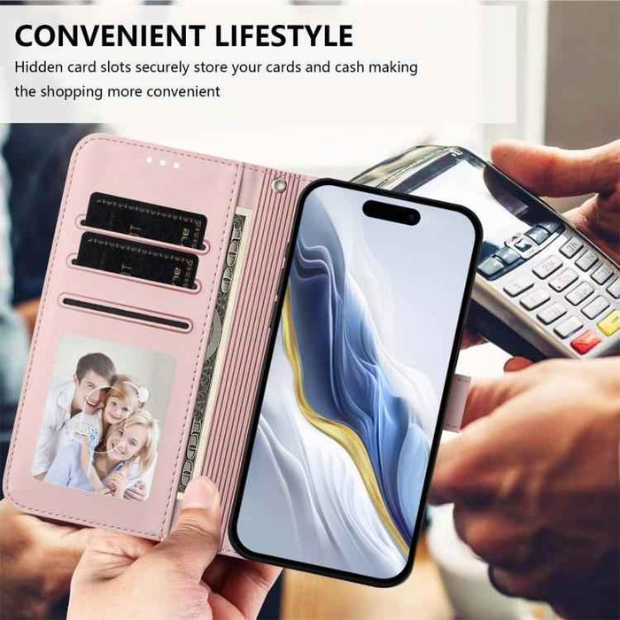 For iPhone 17 Pro Max Embossed Heart Cat Leather Phone Case with Hand Strap(Pink)