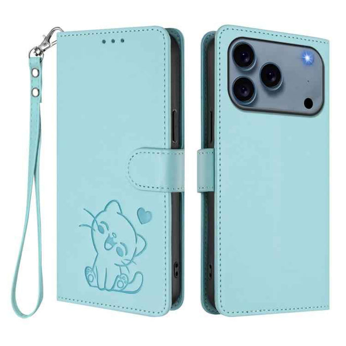 For iPhone 17 Pro Max Embossed Heart Cat Leather Phone Case with Hand Strap(Mint Green)