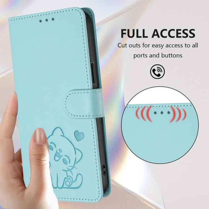 For iPhone 17 Pro Max Embossed Heart Cat Leather Phone Case with Hand Strap(Mint Green)