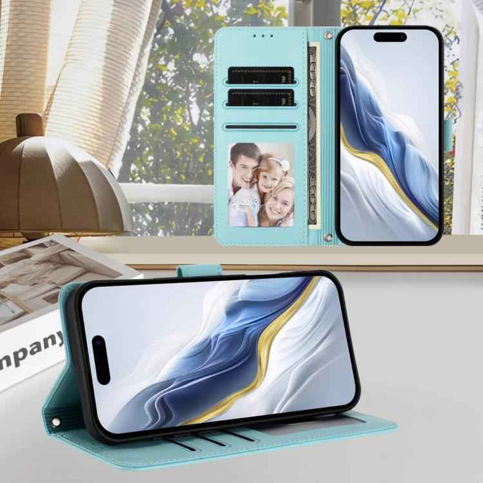 For iPhone 17 Pro Max Embossed Heart Cat Leather Phone Case with Hand Strap(Mint Green)
