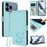 For iPhone 17 Pro Max Embossed Heart Cat Leather Phone Case with Hand Strap(Mint Green)