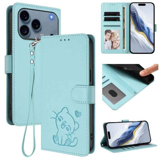 For iPhone 17 Pro Max Embossed Heart Cat Leather Phone Case with Hand Strap(Mint Green)