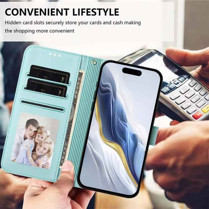 For iPhone 17 Pro Max Embossed Heart Cat Leather Phone Case with Hand Strap(Mint Green)