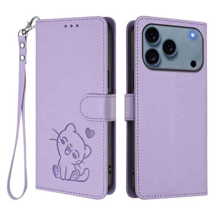 For iPhone 17 Pro Max Embossed Heart Cat Leather Phone Case with Hand Strap(Light Purple)