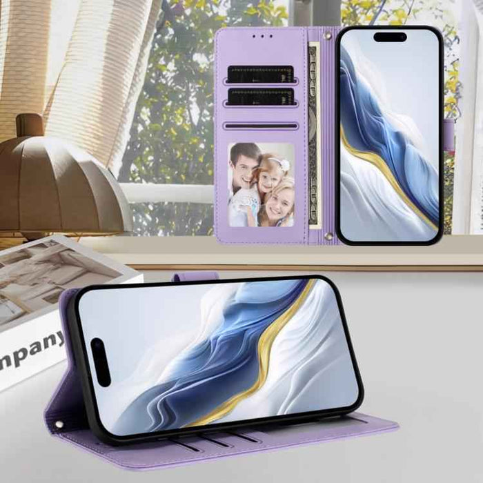 For iPhone 17 Pro Max Embossed Heart Cat Leather Phone Case with Hand Strap(Light Purple)