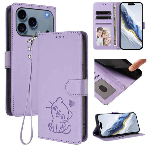 For iPhone 17 Pro Max Embossed Heart Cat Leather Phone Case with Hand Strap(Light Purple)