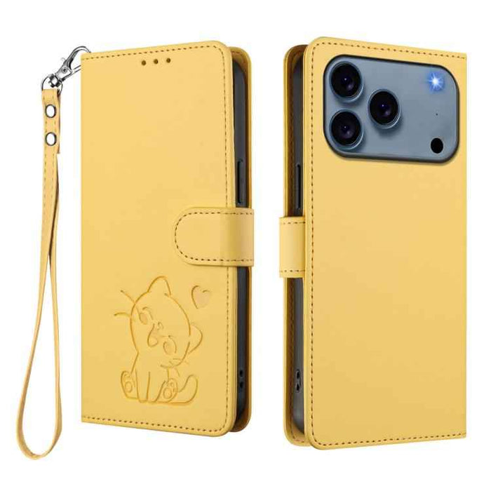 For iPhone 17 Pro Max Embossed Heart Cat Leather Phone Case with Hand Strap(Yellow)
