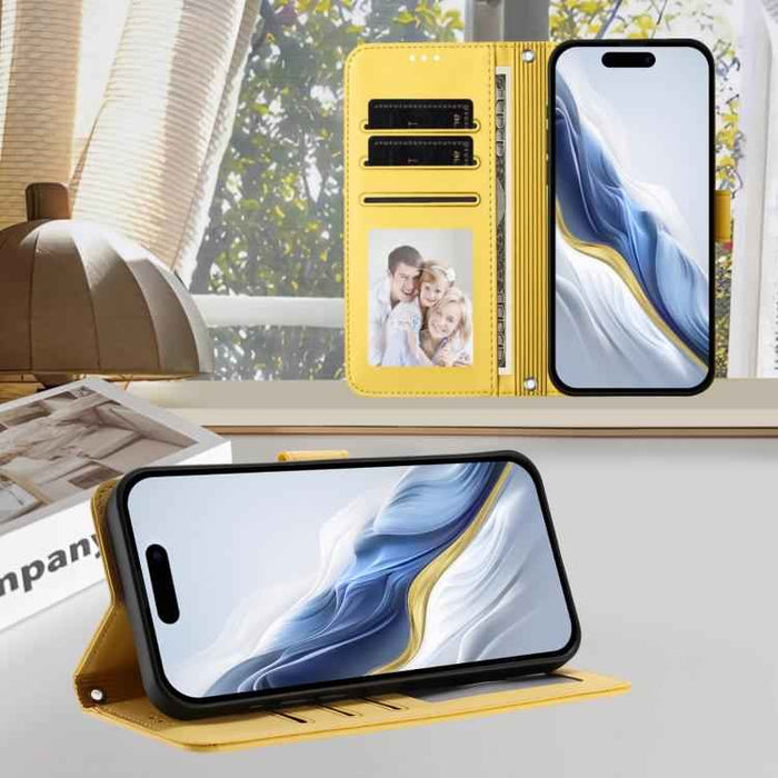 For iPhone 17 Pro Max Embossed Heart Cat Leather Phone Case with Hand Strap(Yellow)