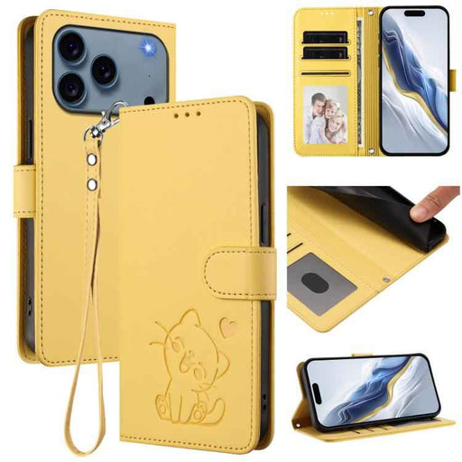 For iPhone 17 Pro Max Embossed Heart Cat Leather Phone Case with Hand Strap(Yellow)