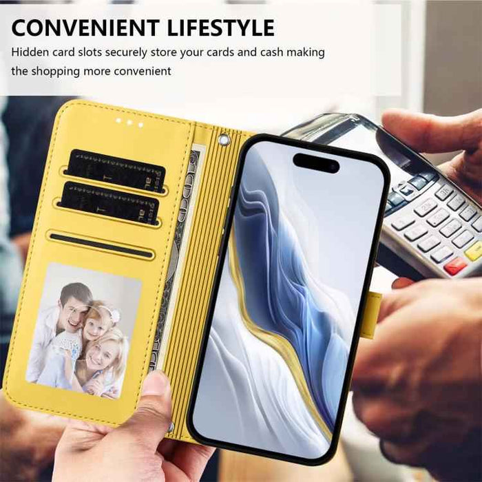 For iPhone 17 Pro Max Embossed Heart Cat Leather Phone Case with Hand Strap(Yellow)