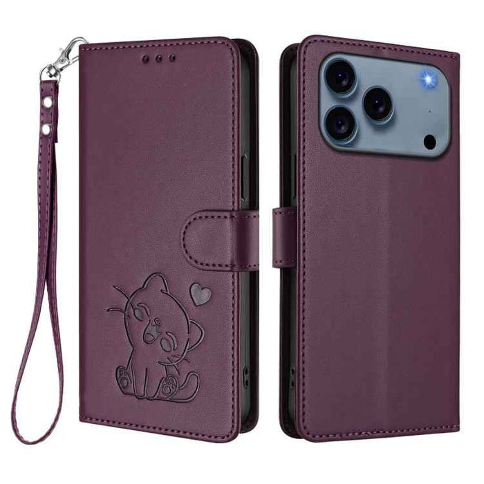 For iPhone 17 Pro Max Embossed Heart Cat Leather Phone Case with Hand Strap(Dark Purple)