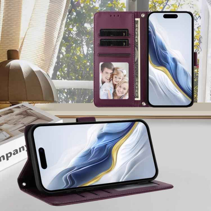 For iPhone 17 Pro Max Embossed Heart Cat Leather Phone Case with Hand Strap(Dark Purple)