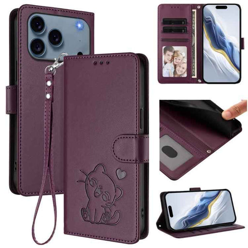 For iPhone 17 Pro Max Embossed Heart Cat Leather Phone Case with Hand Strap(Dark Purple)