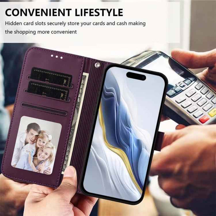 For iPhone 17 Pro Max Embossed Heart Cat Leather Phone Case with Hand Strap(Dark Purple)