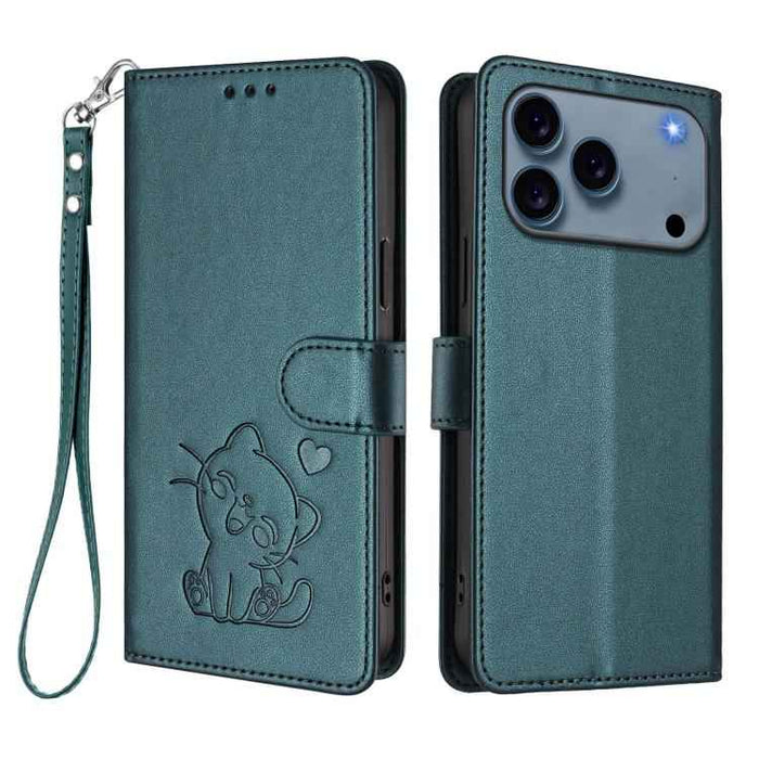 For iPhone 17 Pro Max Embossed Heart Cat Leather Phone Case with Hand Strap(Dark Green)