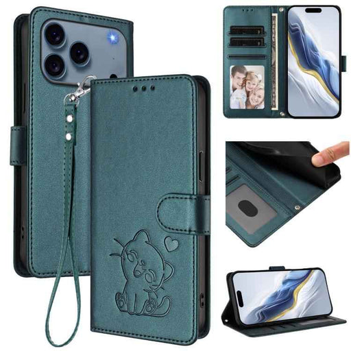 For iPhone 17 Pro Max Embossed Heart Cat Leather Phone Case with Hand Strap(Dark Green)