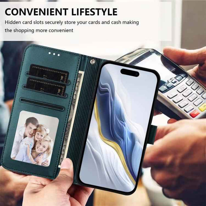 For iPhone 17 Pro Max Embossed Heart Cat Leather Phone Case with Hand Strap(Dark Green)