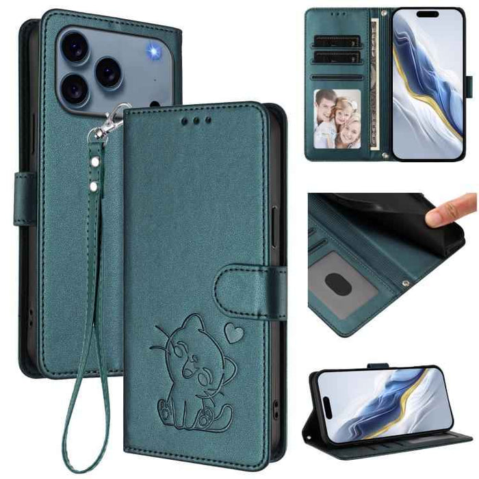 For iPhone 17 Pro Max Embossed Heart Cat Leather Phone Case with Hand Strap(Dark Green)