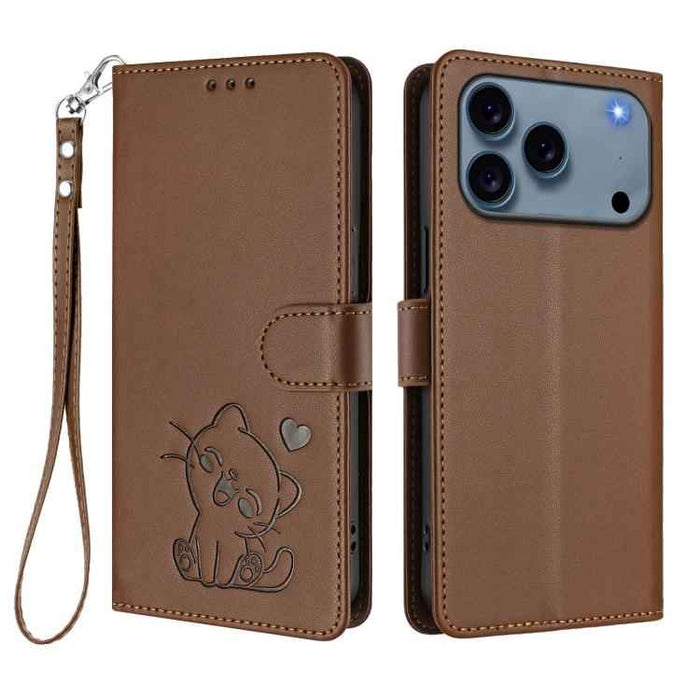 For iPhone 17 Pro Max Embossed Heart Cat Leather Phone Case with Hand Strap(Brown)