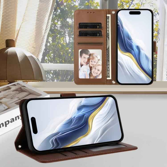For iPhone 17 Pro Max Embossed Heart Cat Leather Phone Case with Hand Strap(Brown)