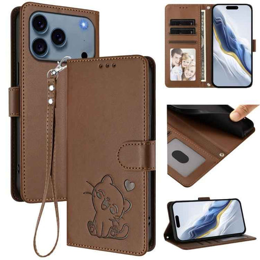 For iPhone 17 Pro Max Embossed Heart Cat Leather Phone Case with Hand Strap(Brown)
