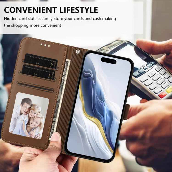 For iPhone 17 Pro Max Embossed Heart Cat Leather Phone Case with Hand Strap(Brown)