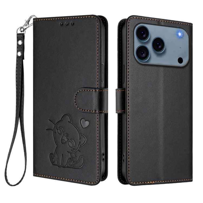 For iPhone 17 Pro Max Embossed Heart Cat Leather Phone Case with Hand Strap(Black)