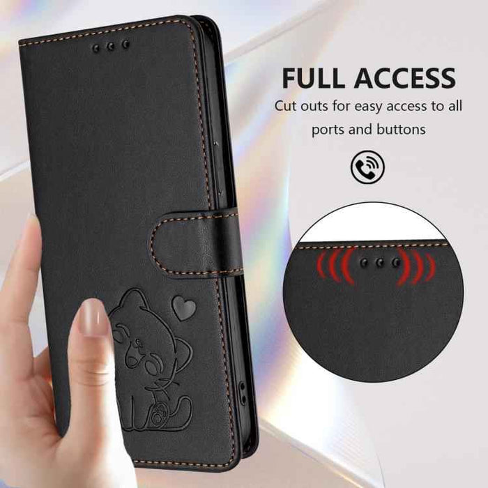 For iPhone 17 Pro Max Embossed Heart Cat Leather Phone Case with Hand Strap(Black)