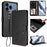 For iPhone 17 Pro Max Embossed Heart Cat Leather Phone Case with Hand Strap(Black)