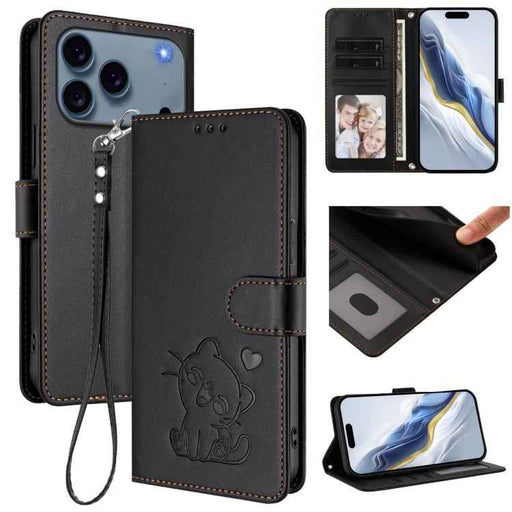 For iPhone 17 Pro Max Embossed Heart Cat Leather Phone Case with Hand Strap(Black)