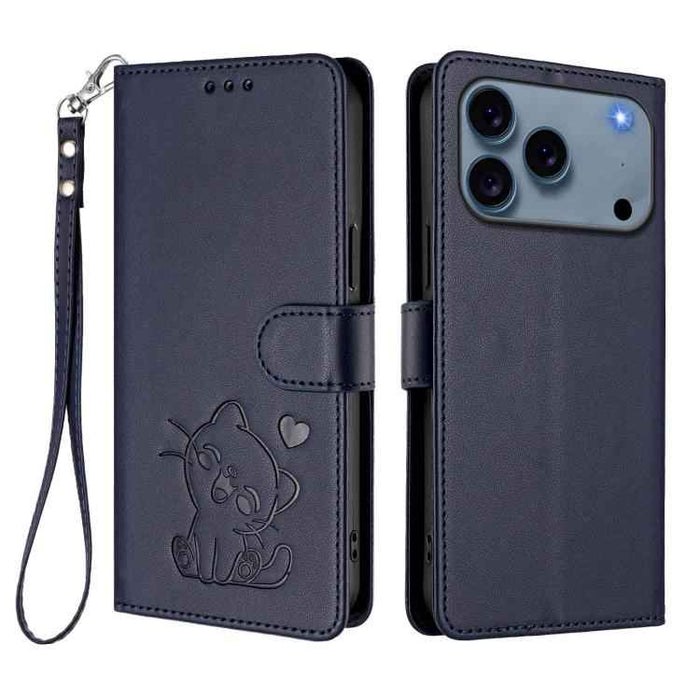 For iPhone 17 Pro Embossed Heart Cat Leather Phone Case with Hand Strap(Blue)